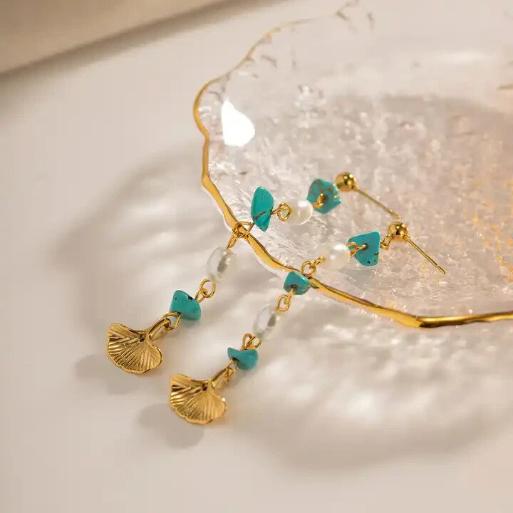 18K Gold Plated Natural Turquoise and Pearl Tassel Drop Earrings for Women3