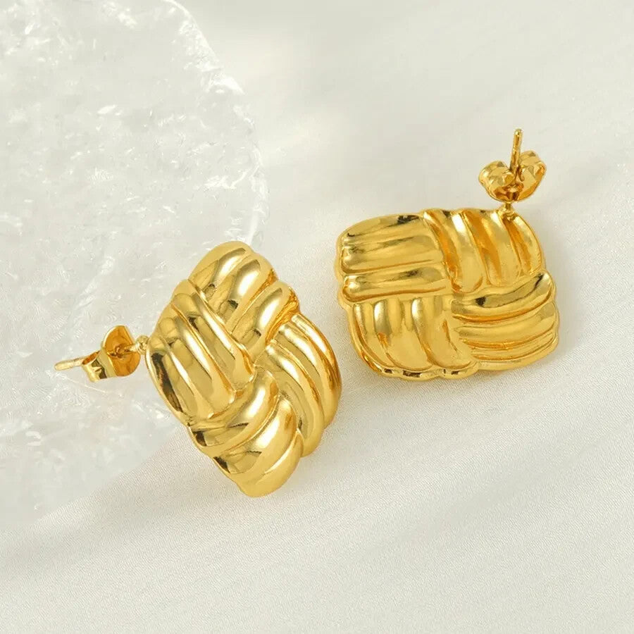18K Gold Plated Square Stud Earrings Women Bold Woven Vintage Look 21mm3