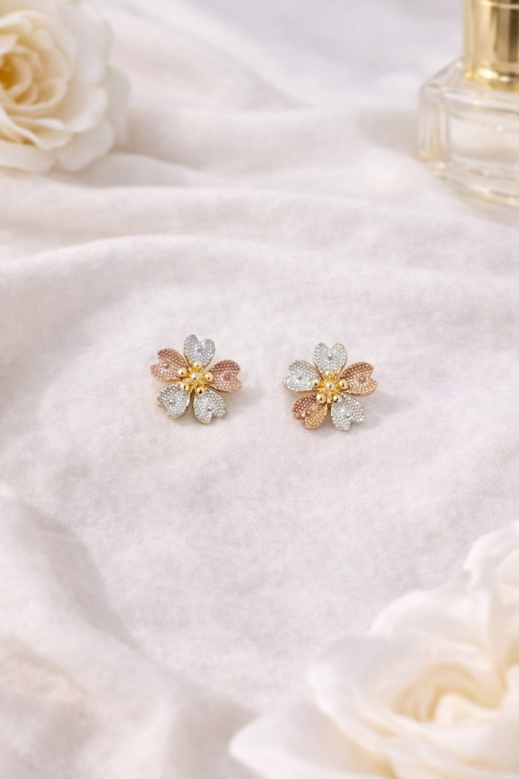 18K Gold Plated Tri-Color Flower Jewelry Set Necklace & Stud Earrings for her2