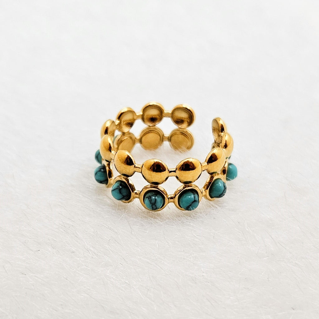18K Gold Plated Double Layer Turquoise Open Adjustable Ring, Stainless Steel.2