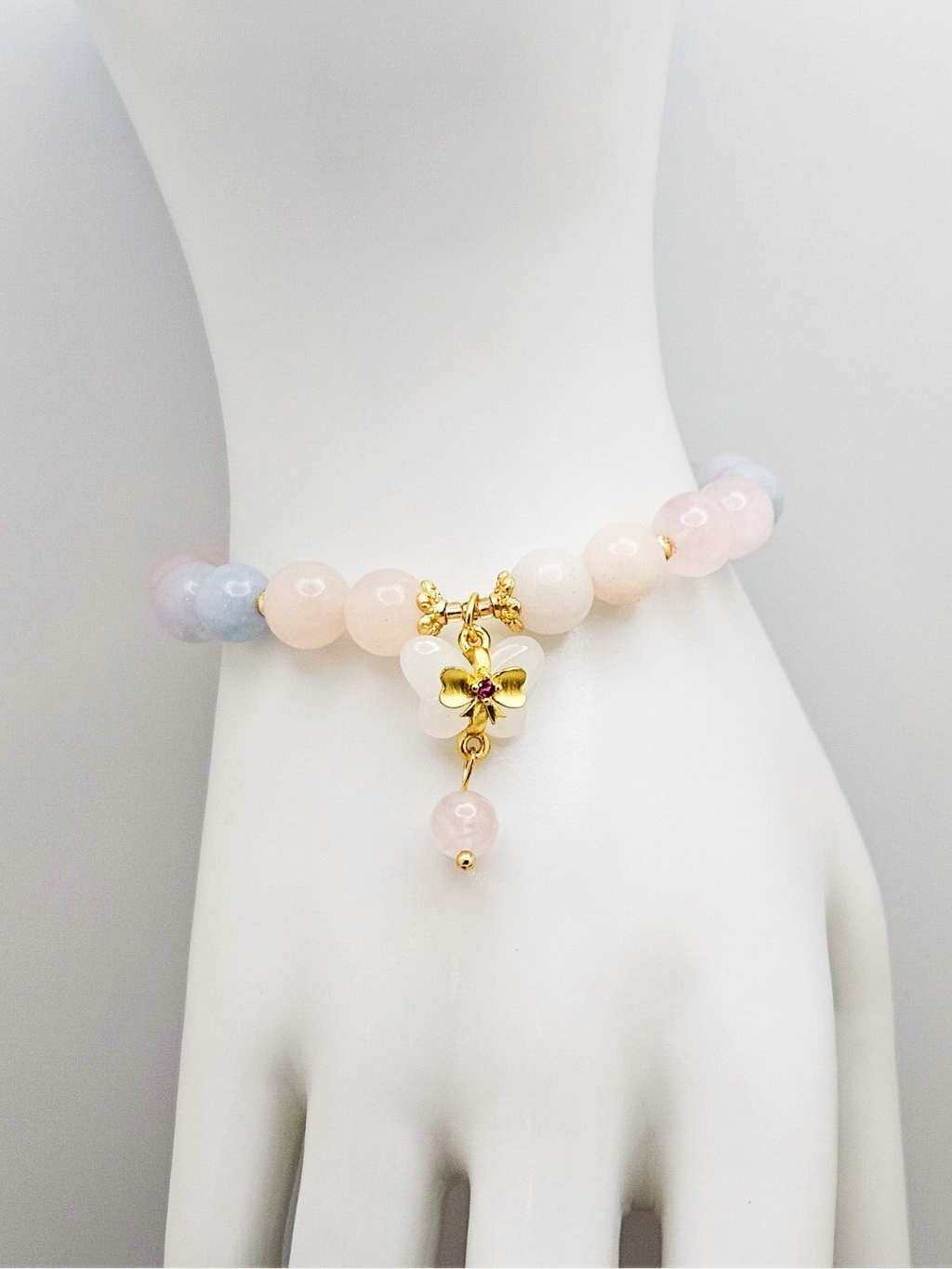 Natural Crystal Candy Color Stone Beads Bracelet, Pink Morganite Butterfly Charm4