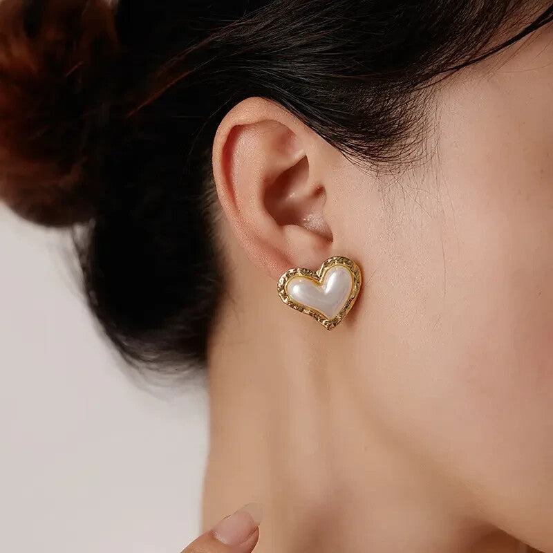 18K Gold Plated Stainless Steel Heart Stud Earrings with Artificial Pearl0