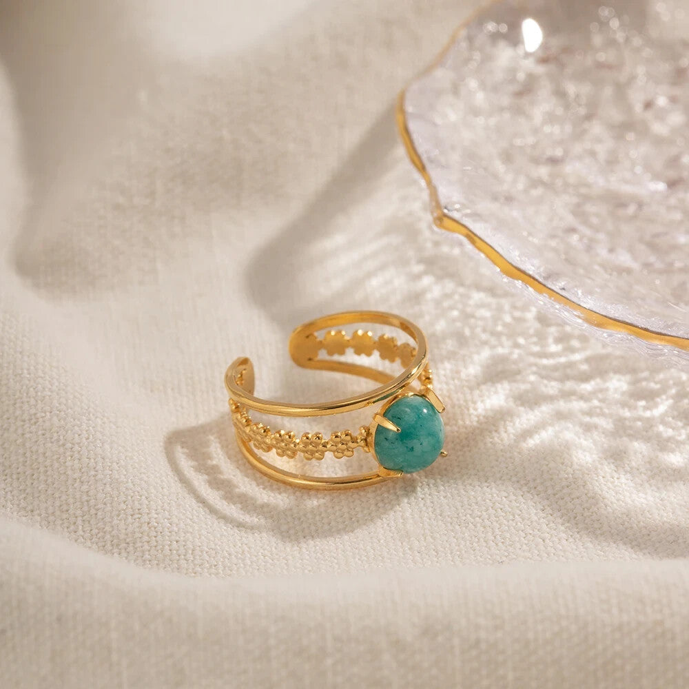 18K Gold Plated Amazonite Natural Stone Adjustable Open Ring, Stainless Steel1