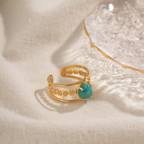 18K Gold Plated Amazonite Natural Stone Adjustable Open Ring, Stainless Steel1