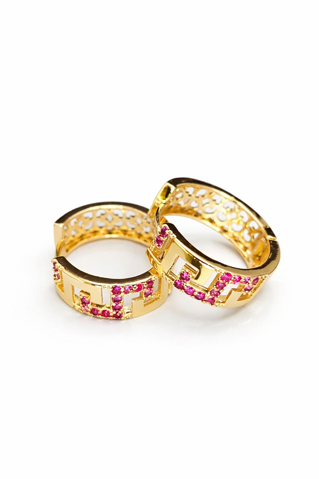 18K Gold Greek Key Hoop Earrings Pink Ruby Cubic Zirconia1