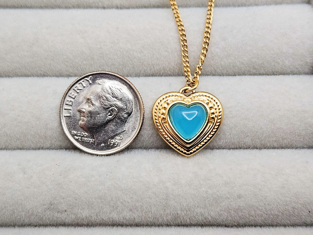 18K Gold Plated Stainless Steel Heart Pendant Necklace, Heart Turquoise Stone1