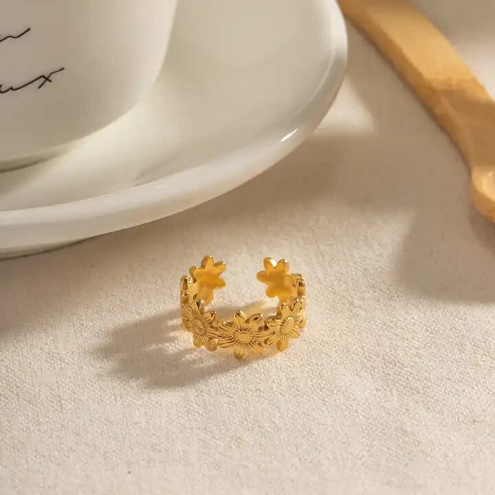 18K Gold Plated Open Adjustable Sunflower Ring, Stainless Steel Jewelry1