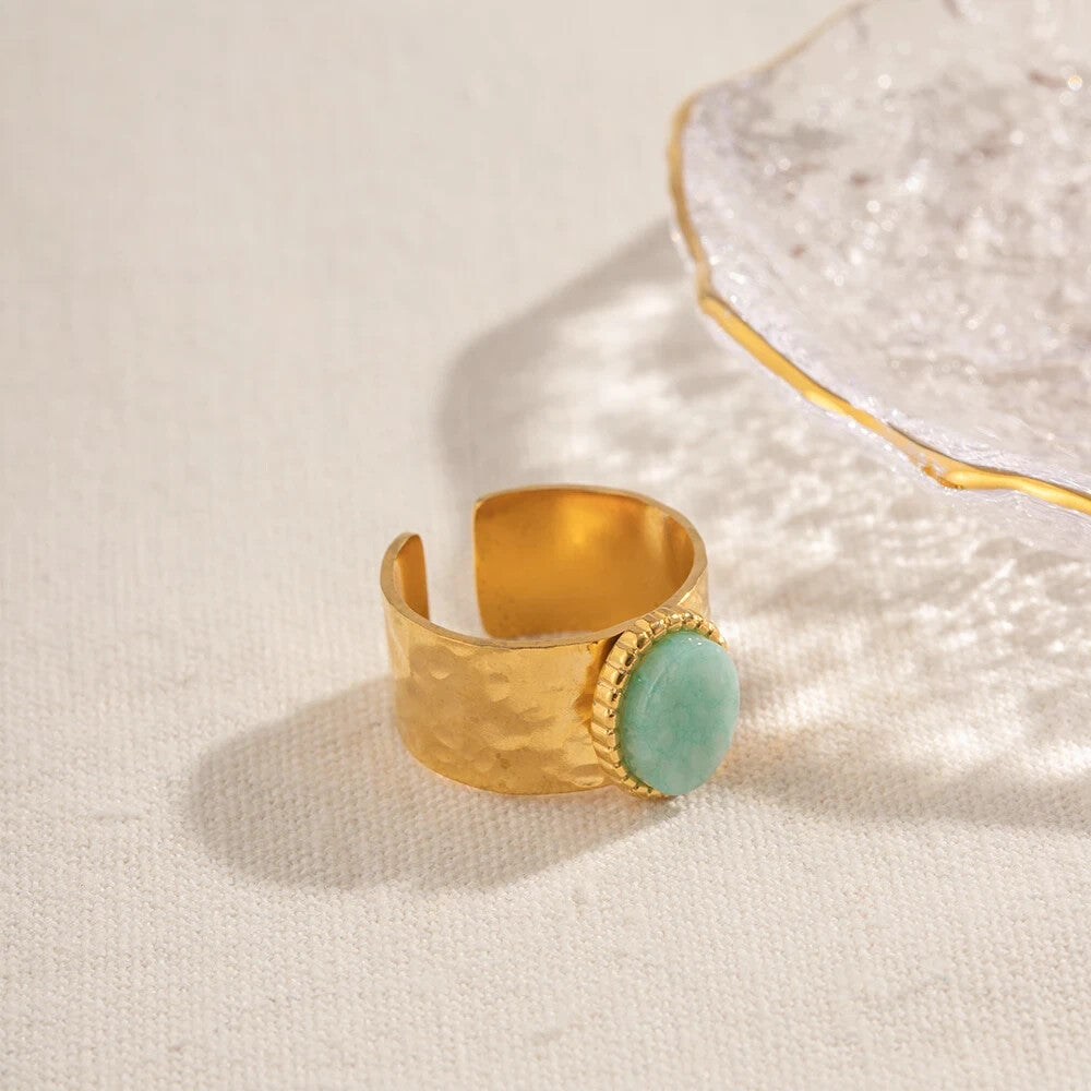 18K Gold Plated Amazonite Stone Wide Ring, Stainless Steel Jewelry for Women0