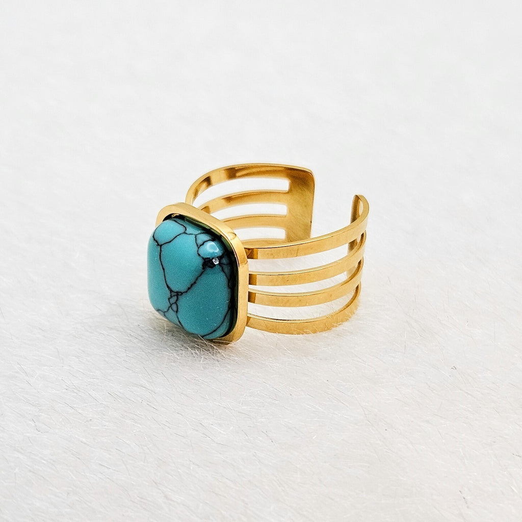 New Trend 18K Gold Plated Open Turquoise Stone Adjustable Ring, Stainless Steel3
