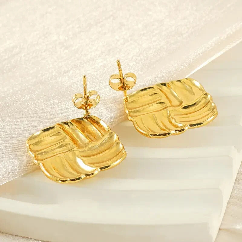 18K Gold Plated Square Stud Earrings Women Bold Woven Vintage Look 21mm4