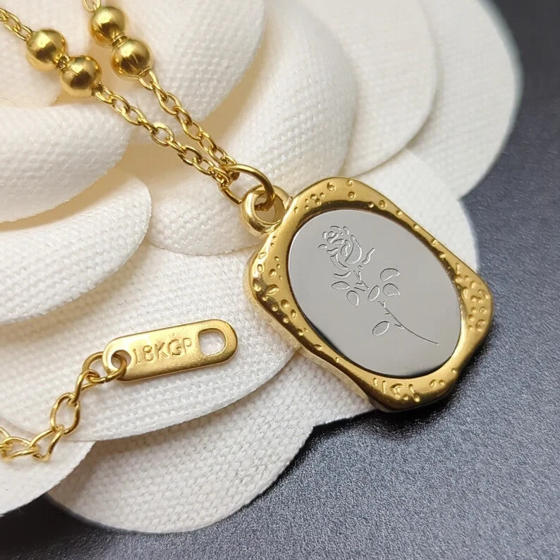 18k Gold Rose Square Necklace, Vintage Design, Stainless Steel, For Women2