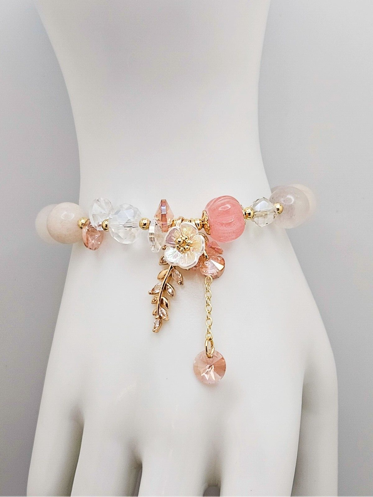 Color Stone Flower Leaf Pendant Crystal Bracelet, Cute Beads for Women & Girls4