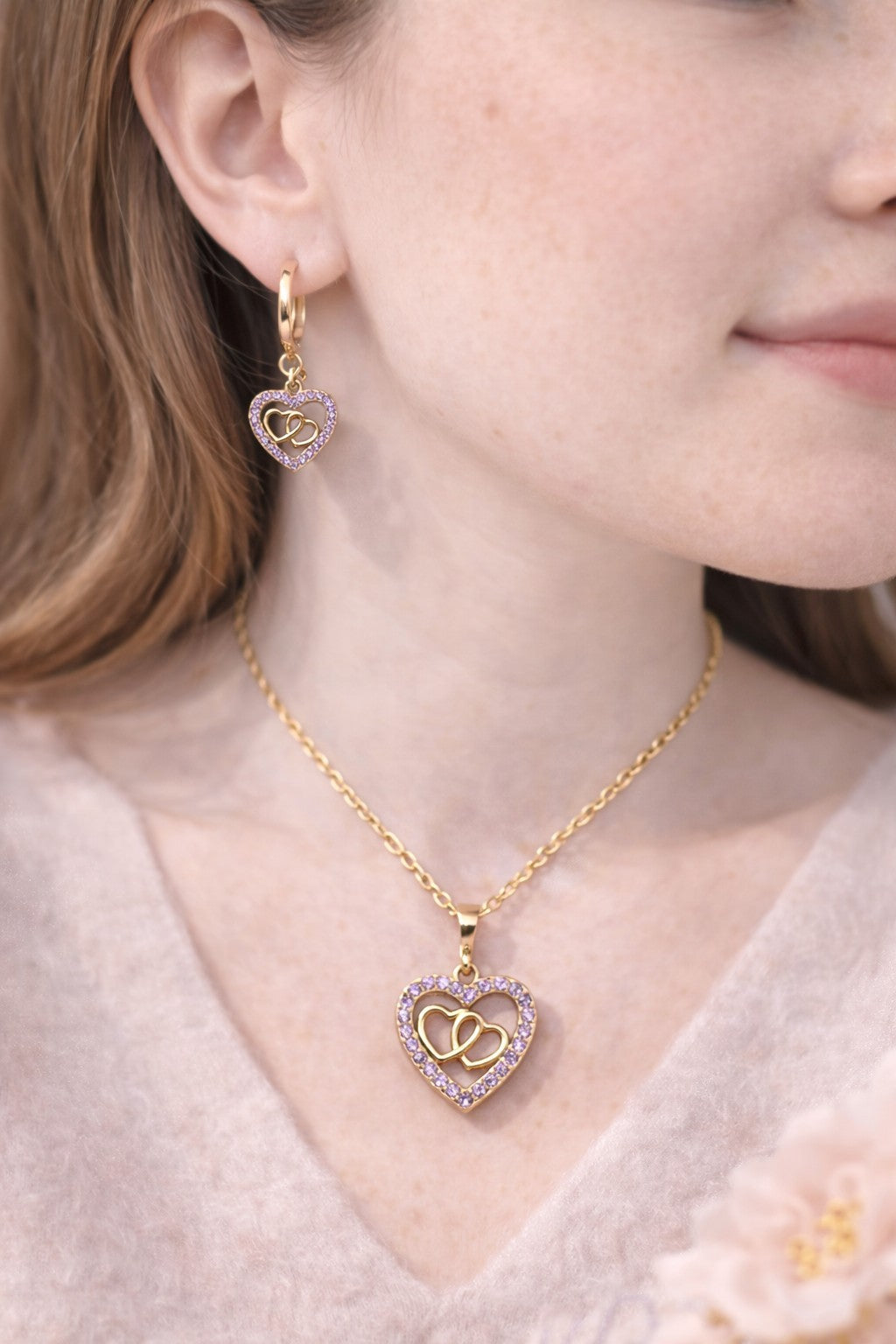 18K Gold Plated Heart Jewelry Set Amethyst CZ Necklace & Earrings3