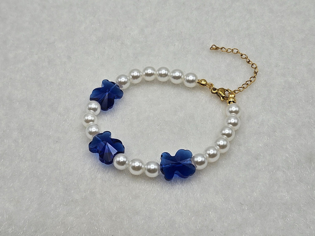 Royal Blue Flower Bracelet Faux Pearl Beads 18K Gold Plated Stretchy Jewelry1