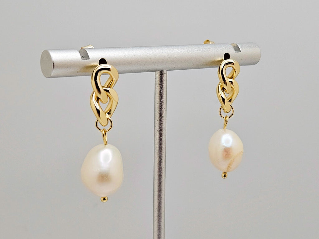 14K Gold Plated Cultured Freshwater Pearls,  Cuban link Drop Earrings for Women1