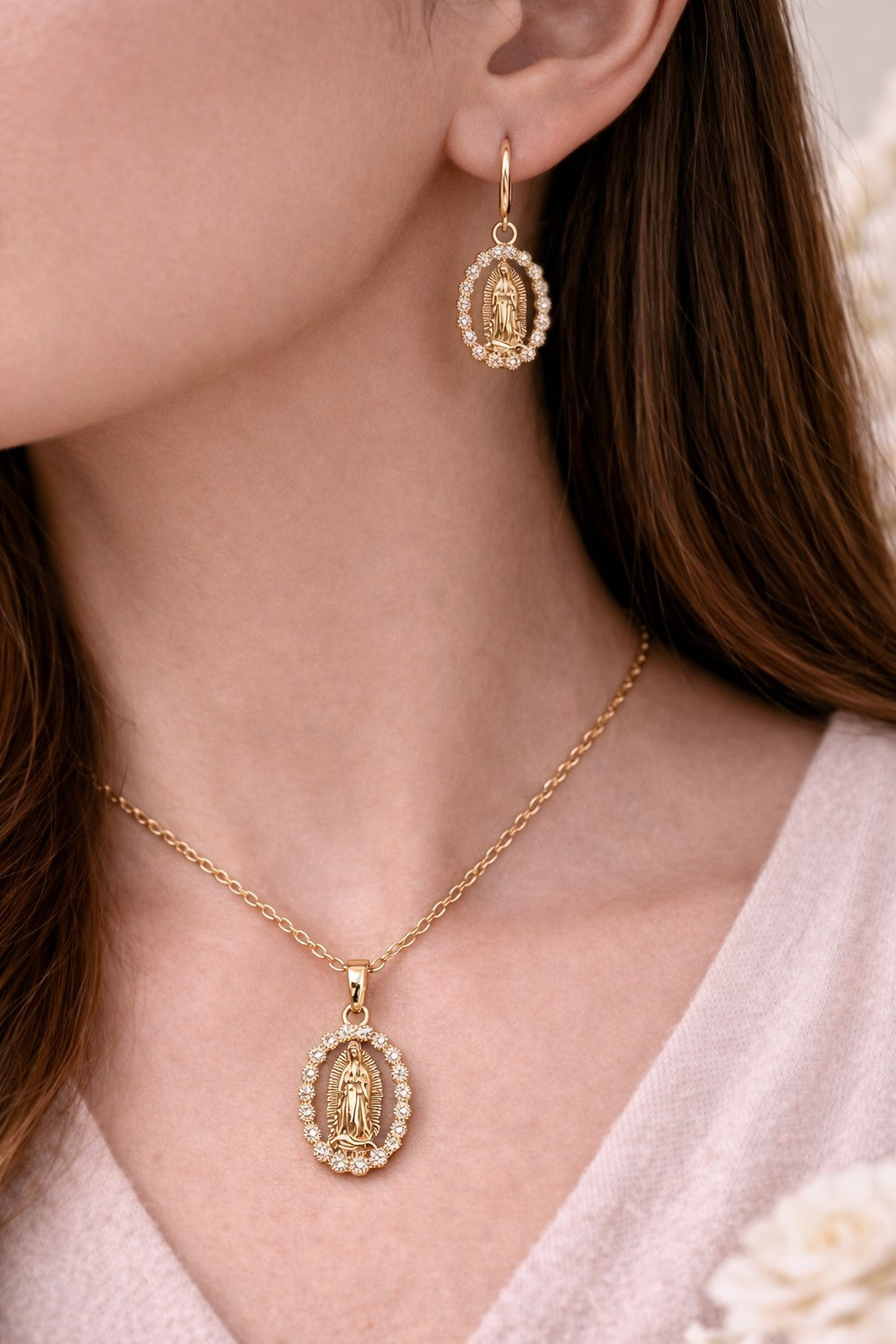 18K Gold Plated Virgin Mary CZ Necklace & Earrings Jewelry Set Oval Pendant3