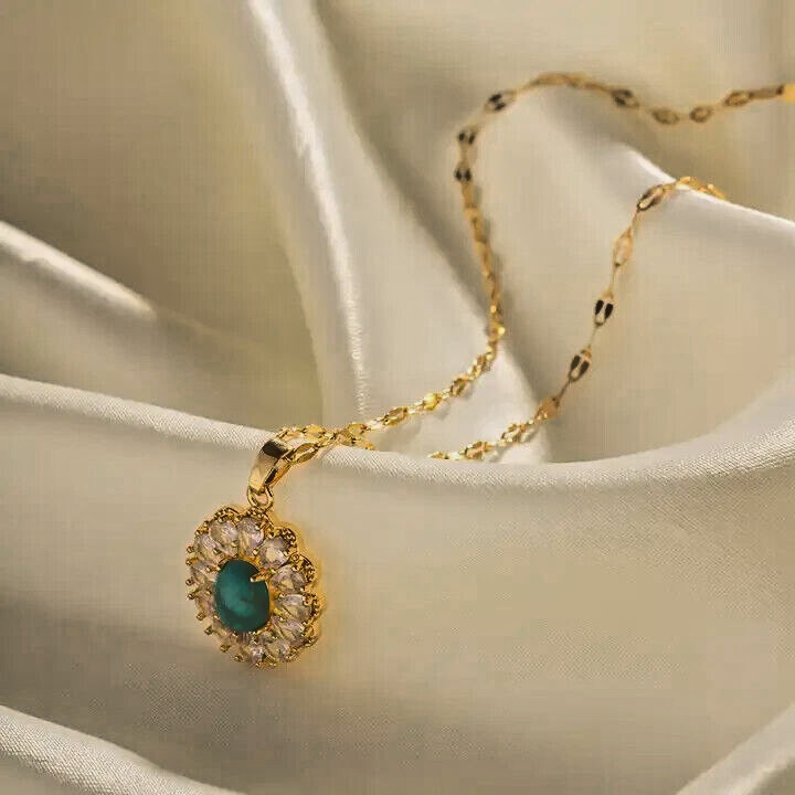 18K Gold Plated Oval Turquoise Pendant Necklace with Dazzling Cubic Zirconia4