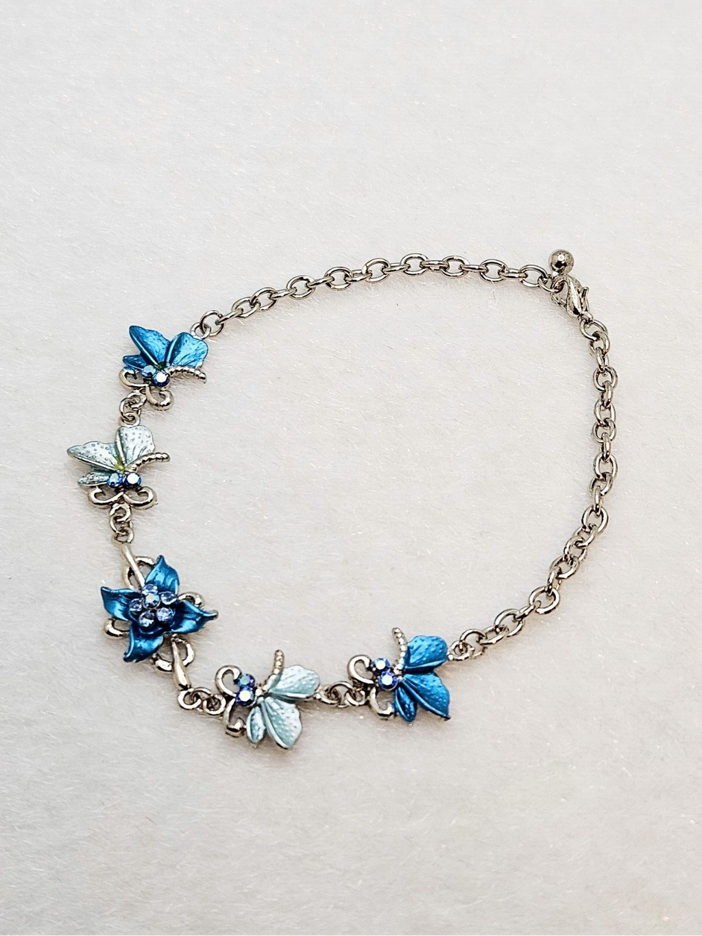 Enamel Rhinestone Flower and Half Butterfly Design, Silver Link Chain Bracelet4