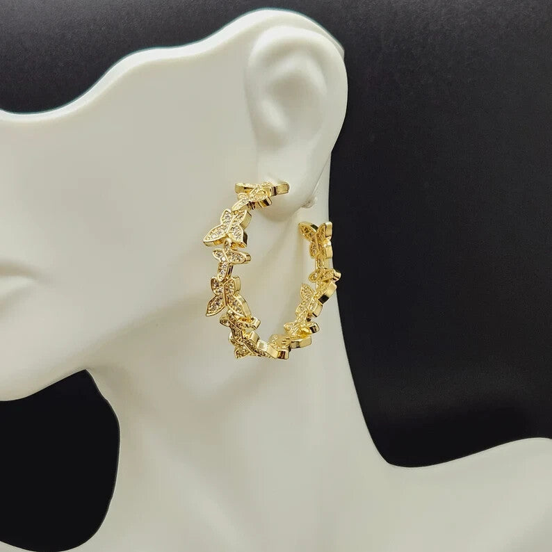 18k Gold Plated Butterfly Cubic Zirconia Hoop Earrings, Chunky Hoop for Women4