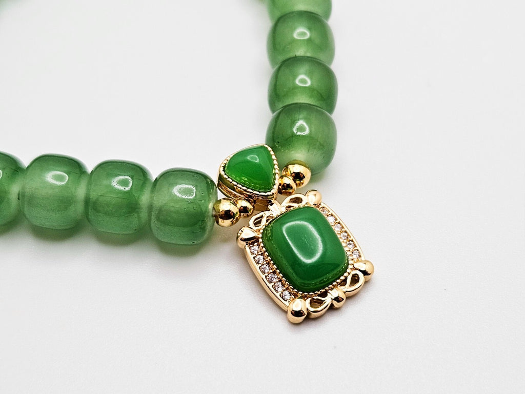 Jade Crystal Stone Beaded Bracelet with Zircon Square Dangle Charms1
