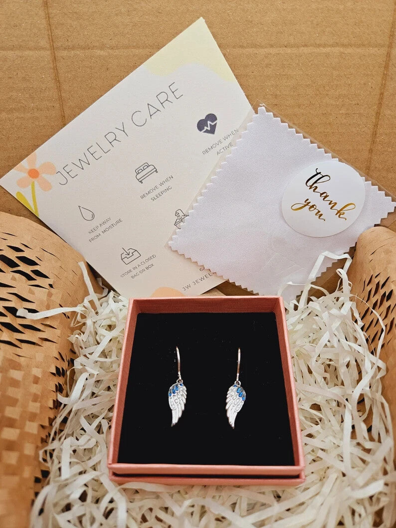 925 Sterling Silver Blue Gem Angel Wings Drop Earrings5