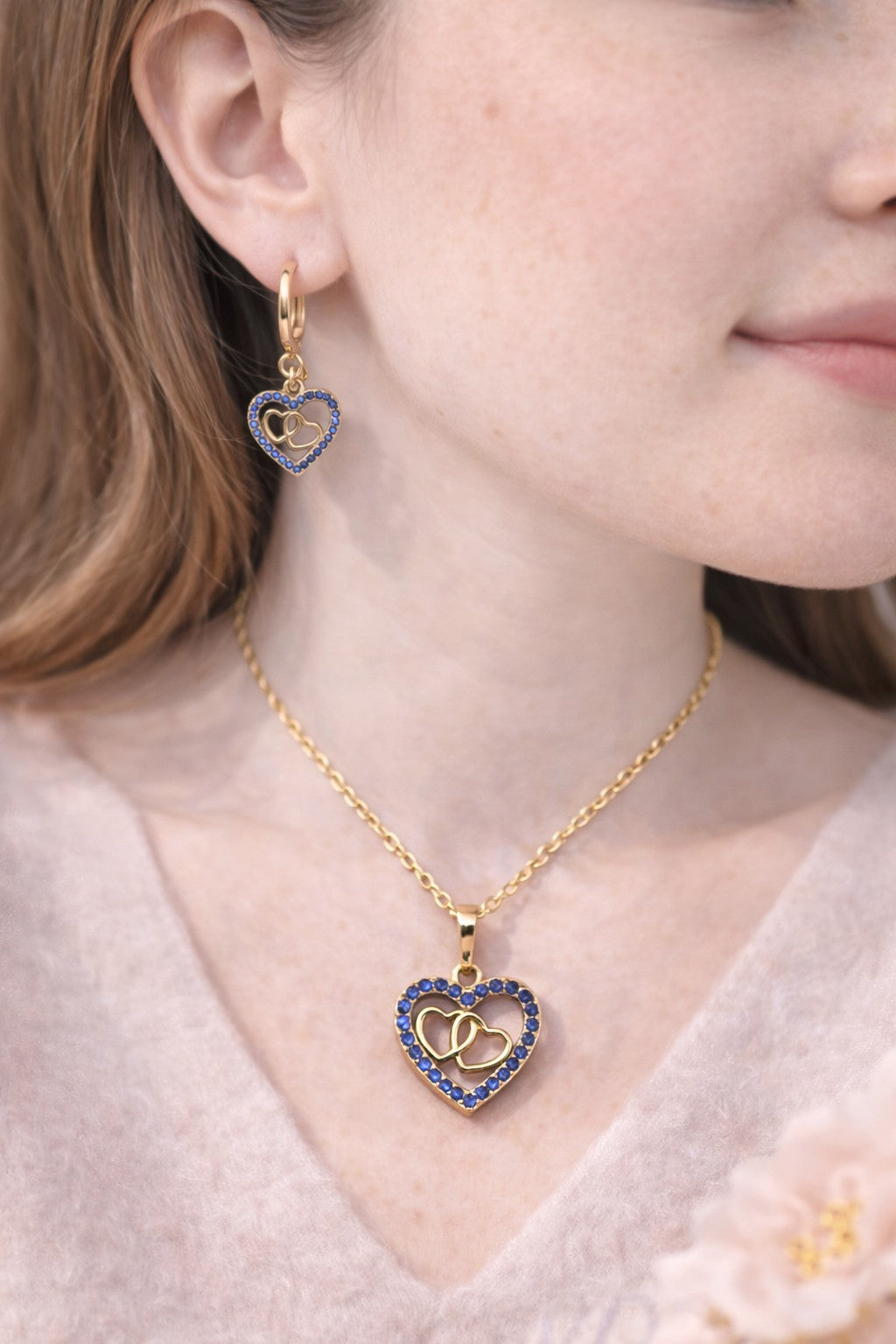 18K Gold Plated Double Heart Jewelry Set Blue CZ Necklace & Earrings3