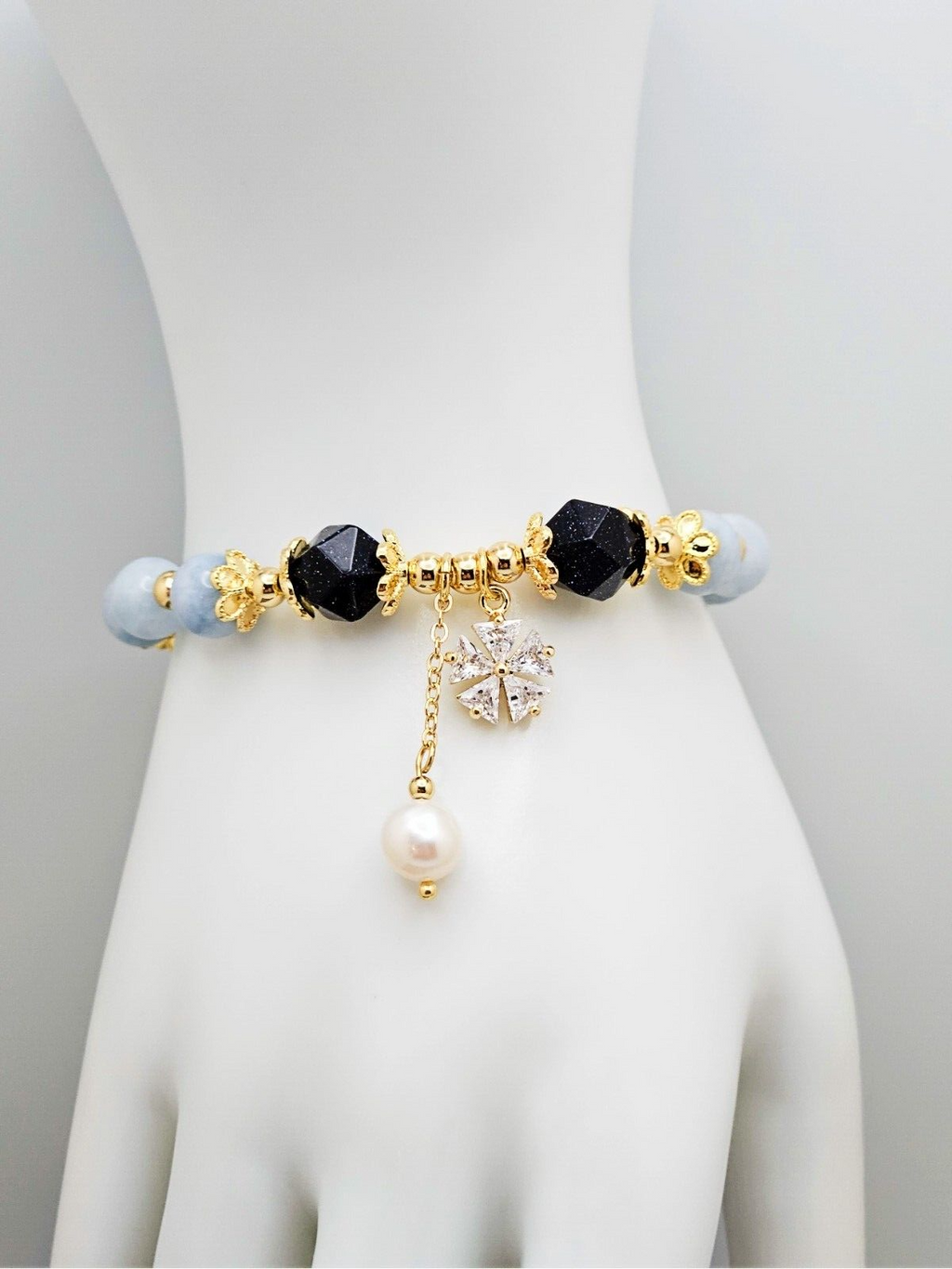 18K Gold Plated Bracelet with Cubic Zirconia Snowflake and Pearls0