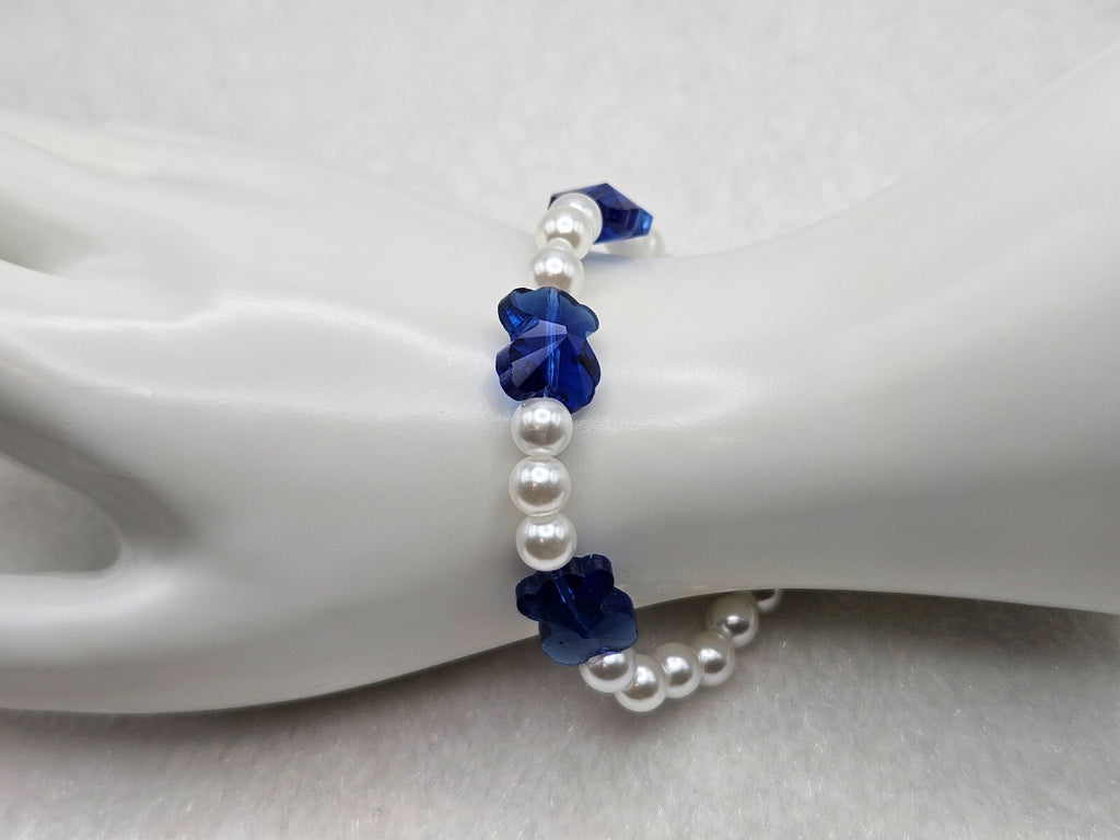 Royal Blue Flower Bracelet Faux Pearl Beads 18K Gold Plated Stretchy Jewelry0