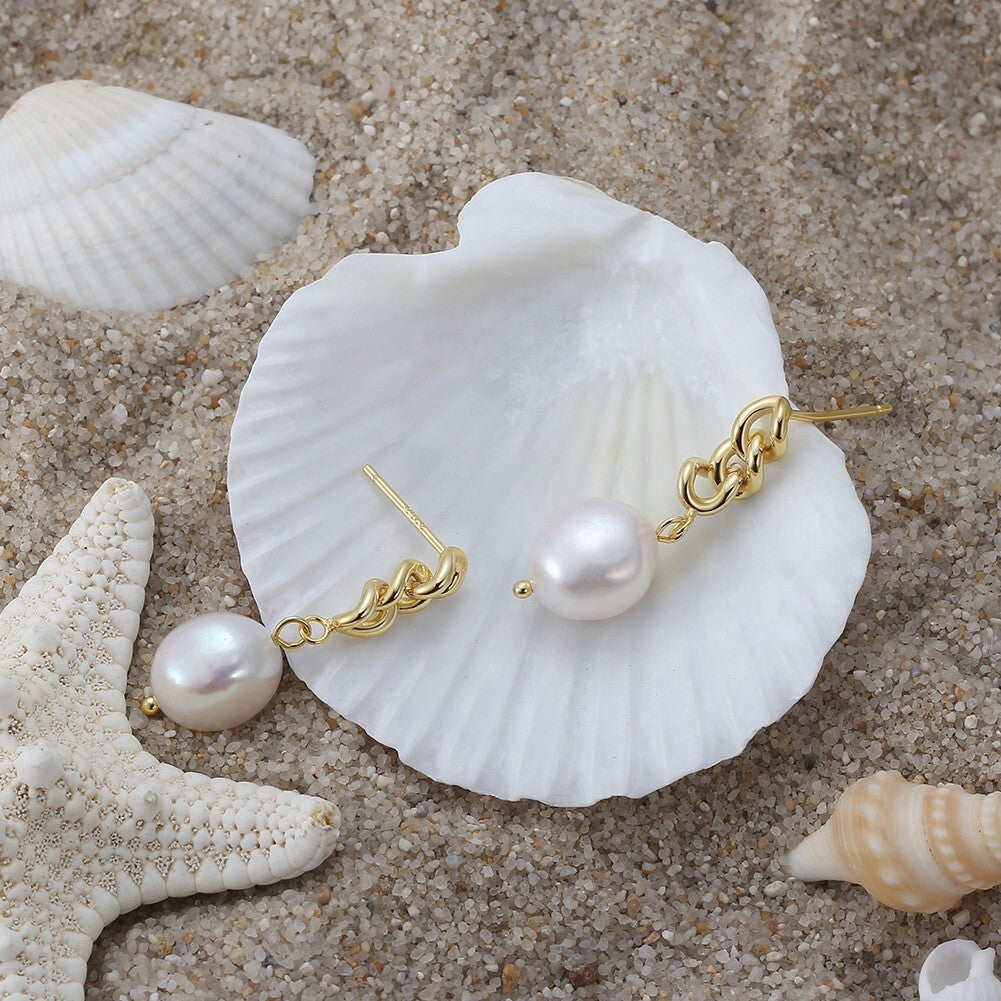 14K Gold Plated Freshwater Pearls Stud Drop Earrings with Cuban Link6