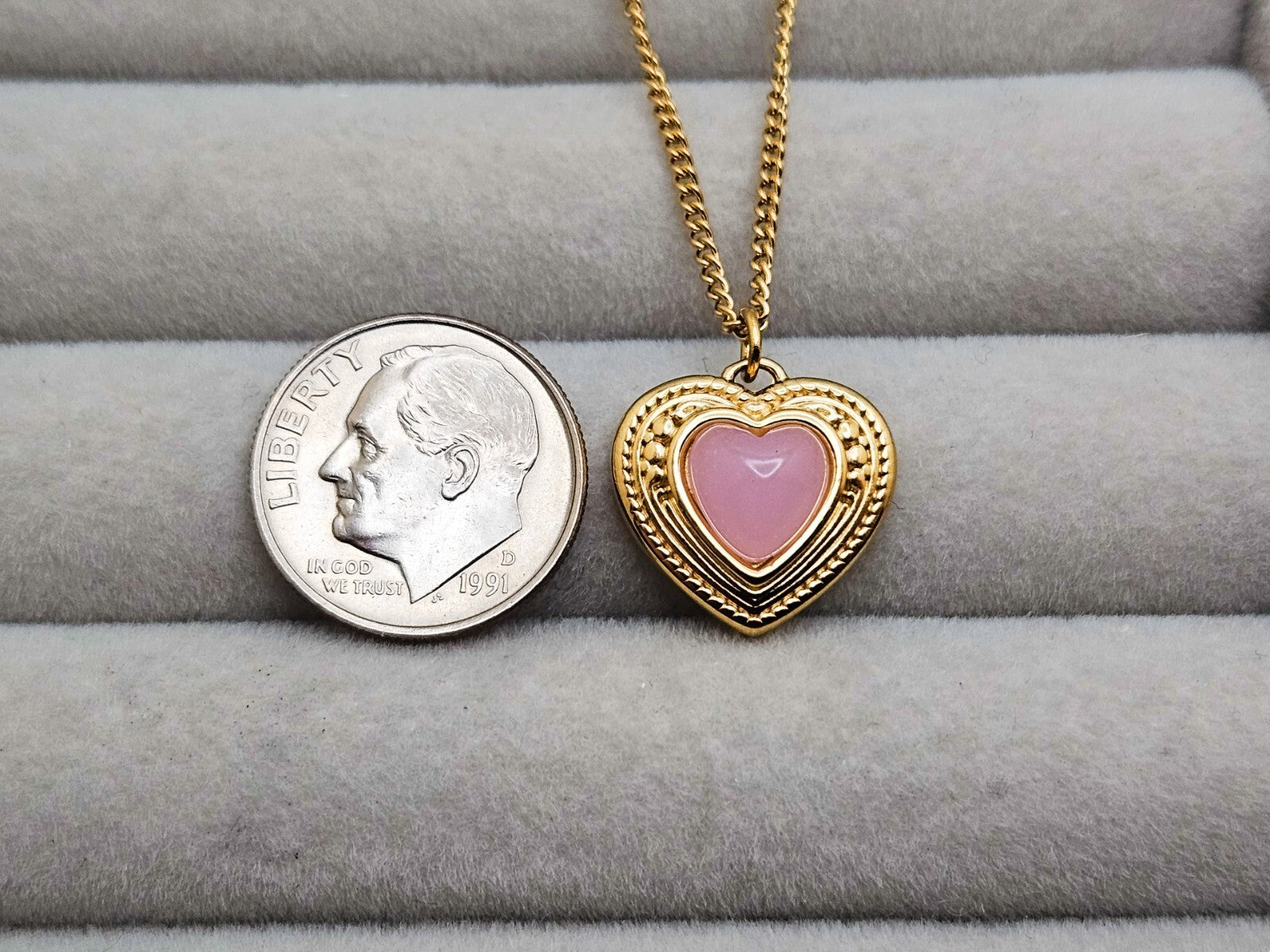 18K Gold Plated Stainless Steel Heart Pendant Necklace, Heart Pink Stone3