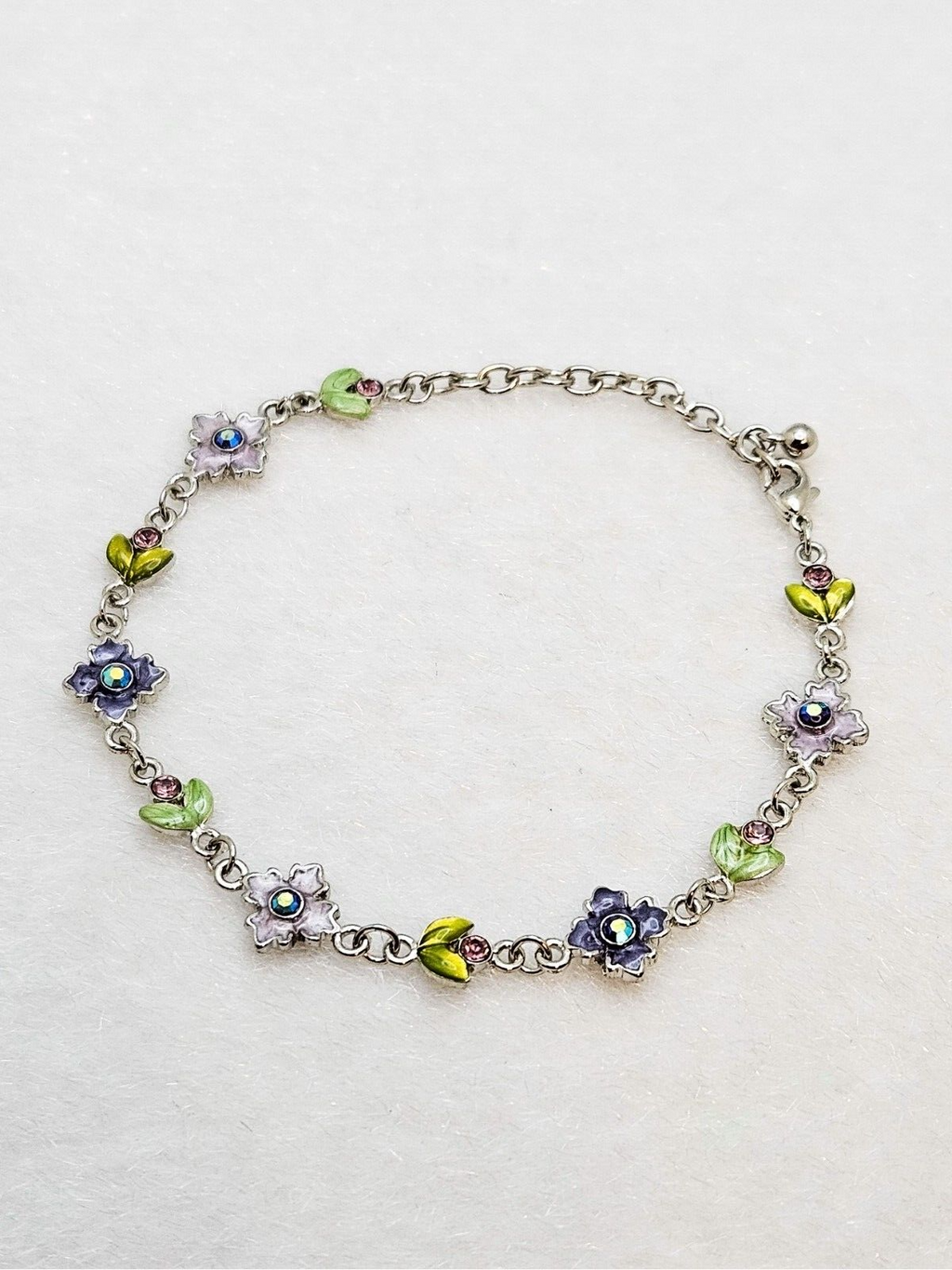 Enamel Multicolor Rhinestone Flower and Leaf Design, Silver Link Chain Bracelet1