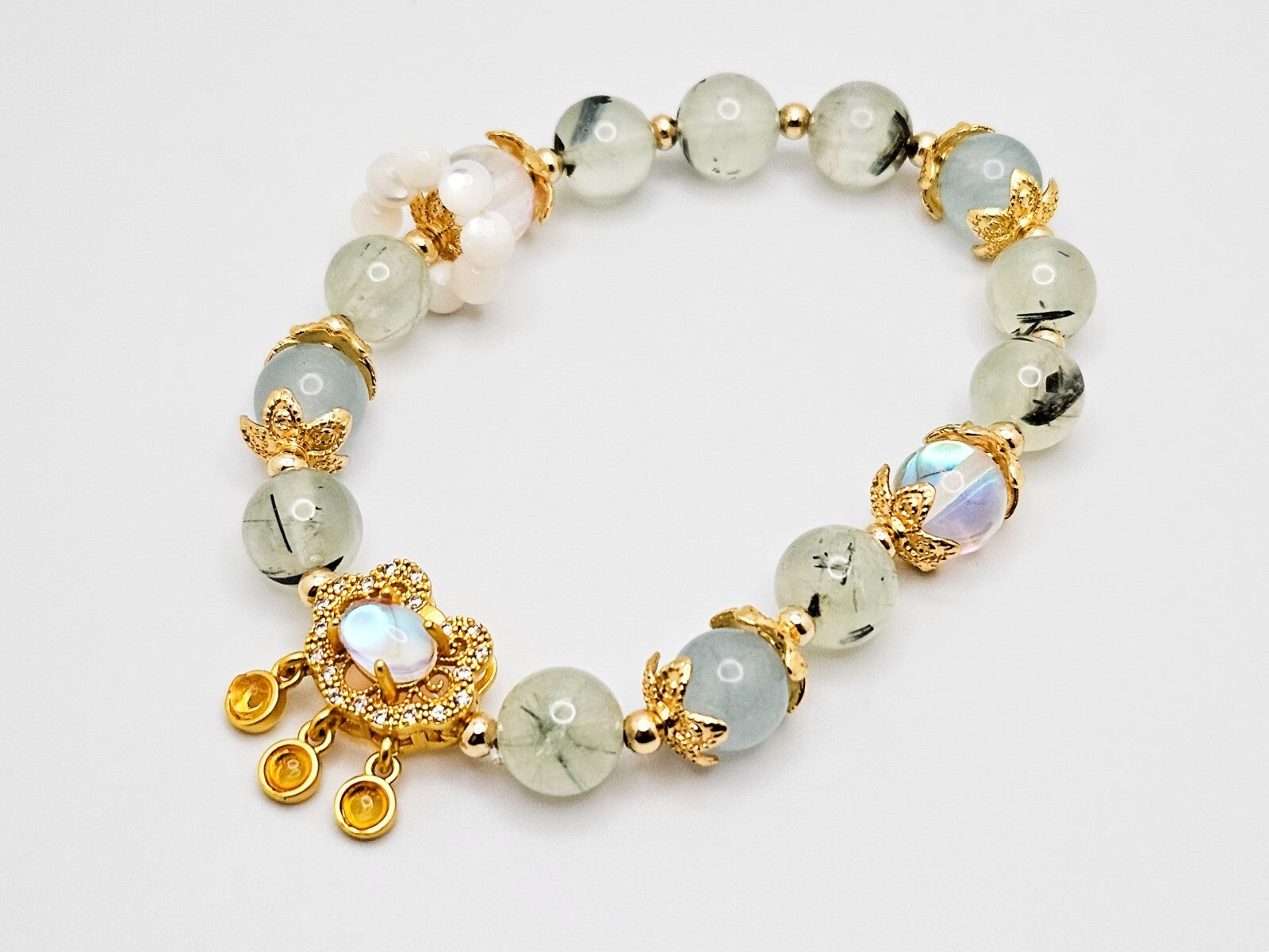 Natural Light Green Jade Wishful Charms Beaded Bracelet, Gift for Her0