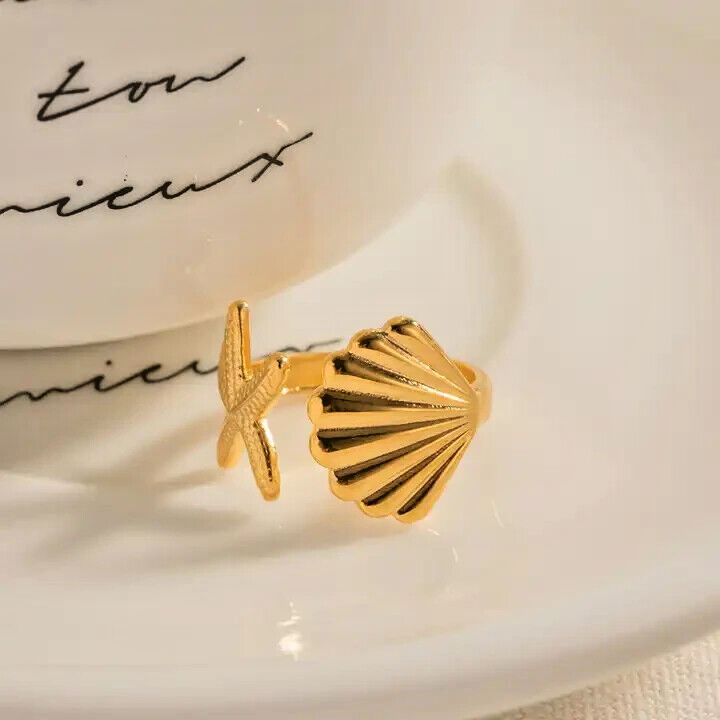 18K Gold Plated Shell and Starfish Design, Adjustable Open Ring for Women2