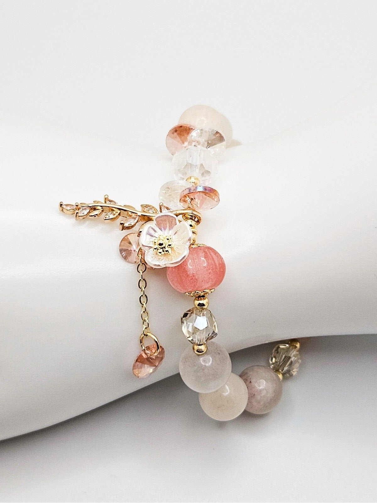 Color Stone Flower Leaf Pendant Crystal Bracelet, Cute Beads for Women & Girls3