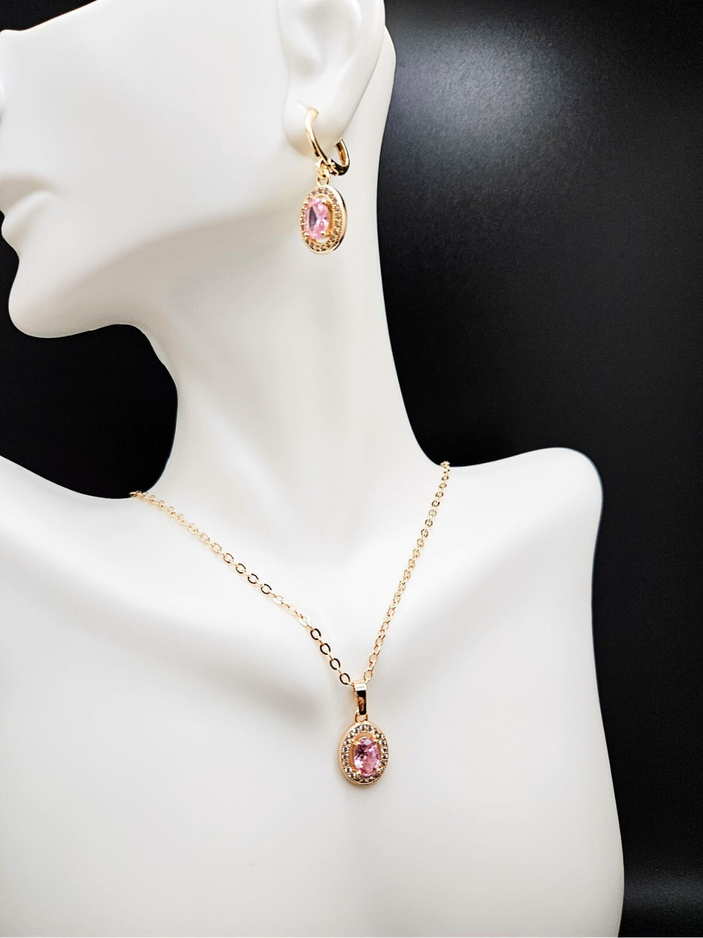 Necklace and Earring set 3 piece 18K Gold with Pink and White Cubic Zirconias3