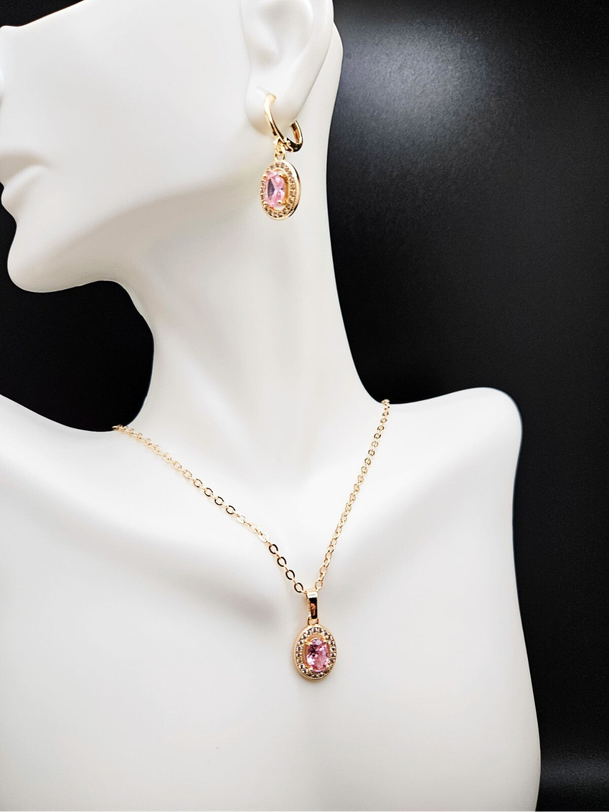 Necklace and Earring set 3 piece 18K Gold with Pink and White Cubic Zirconias3