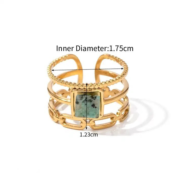 18K Gold Plated Stainless Steel Open Ring Green Marble Stone Adjustable 6