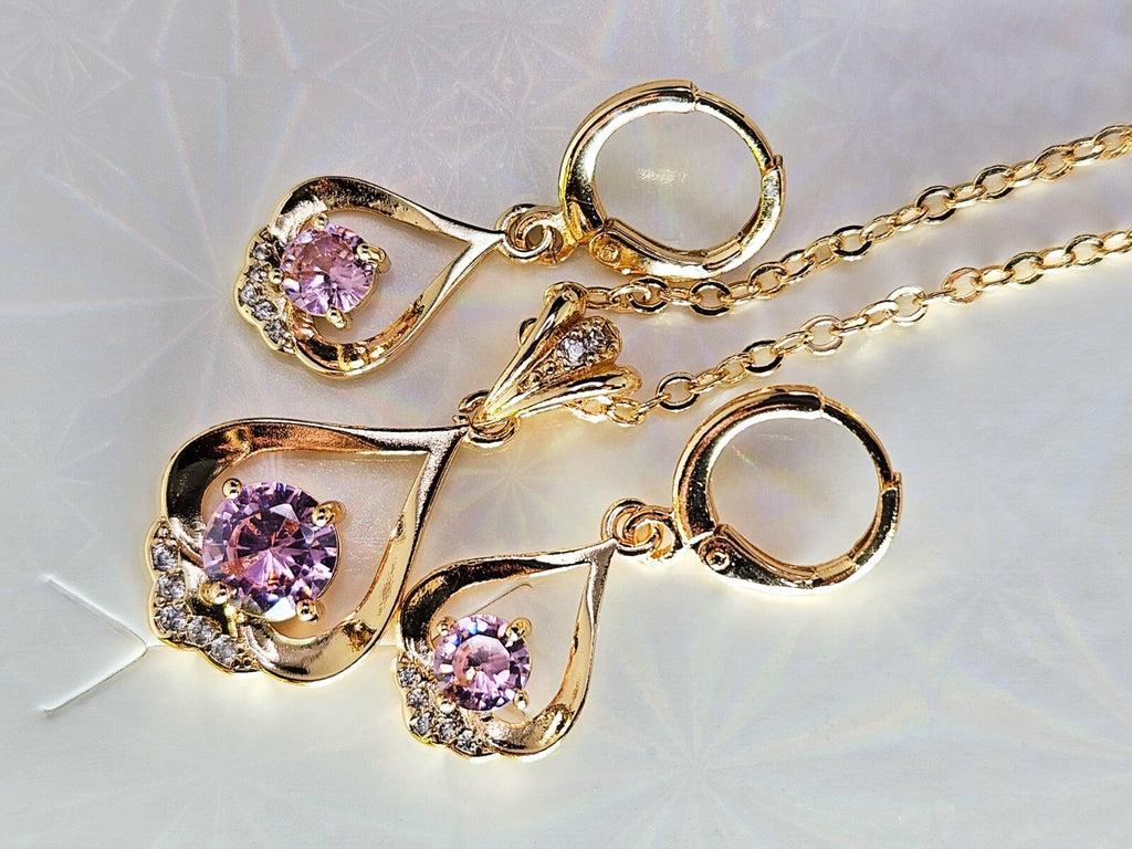 18K Gold Plated Necklace and Earring set 3 piece with Soft Pink & Cubic Zirconia3