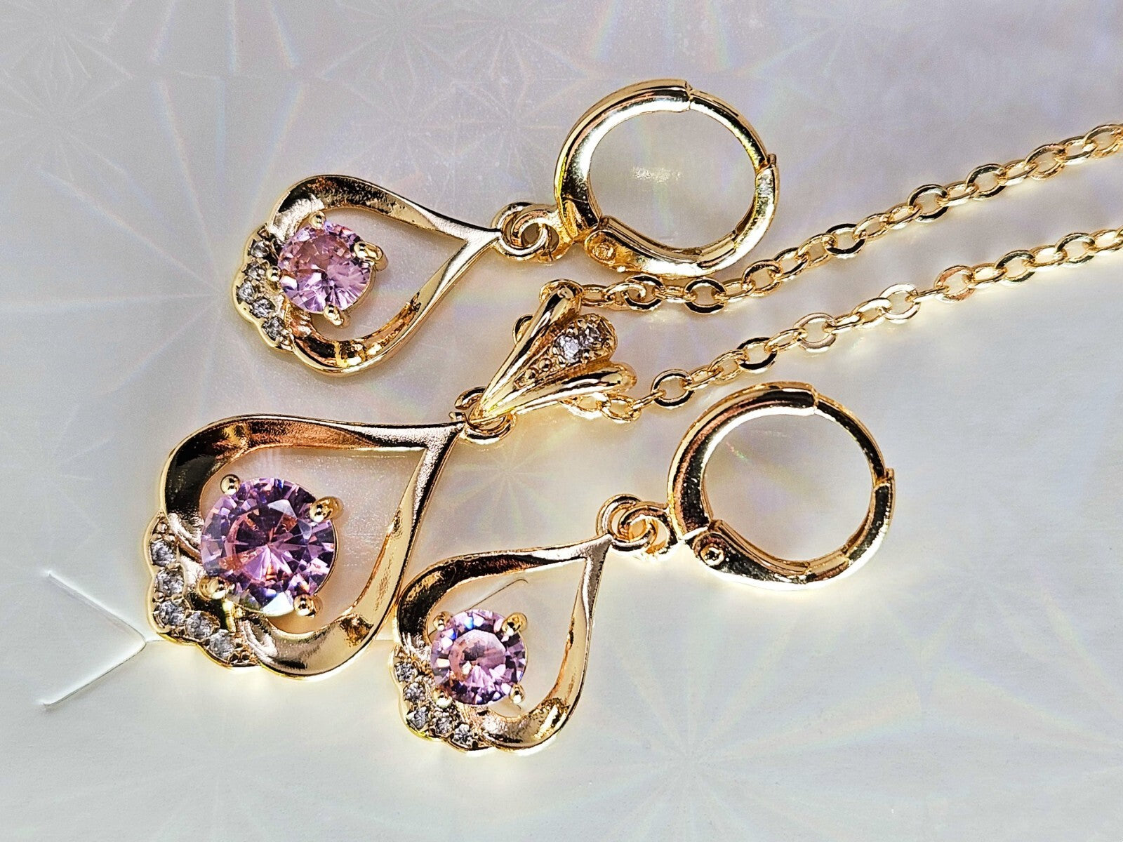 18K Gold Plated Necklace and Earring set 3 piece with Soft Pink & Cubic Zirconia3