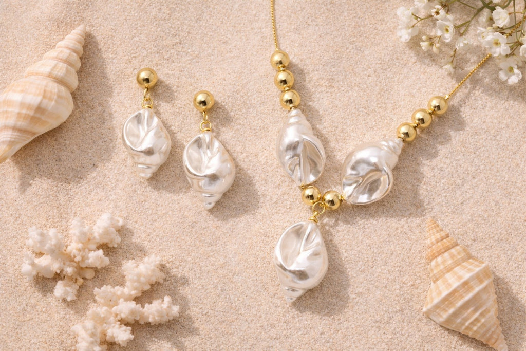 18K Gold Plated Chunky Shell Faux Pearl Necklace & Earrings Set Adjustable5