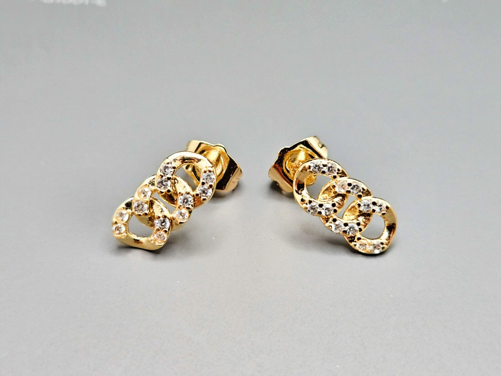 18K Gold Plated Brass Link Stud Earrings, Cubic Zirconia Studs, Gift for her0