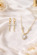 18K Gold Plated CZ Flower & Heart Necklace Earrings Set | Elegant Dangle Jewelry0