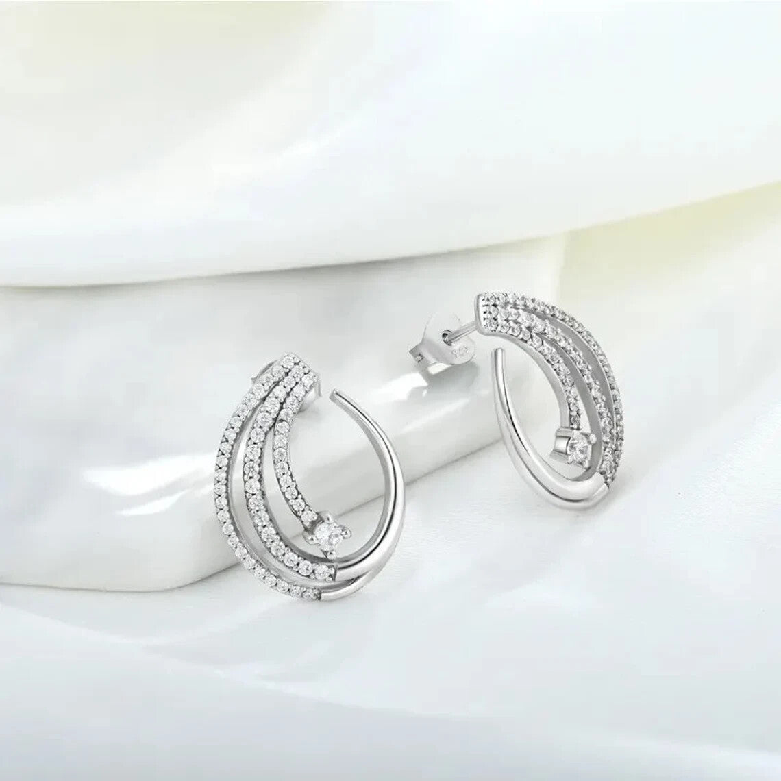 925 Sterling Silver CZ Hoop Stud Earrings Sparkly Cubic Zirconia Elegant 4