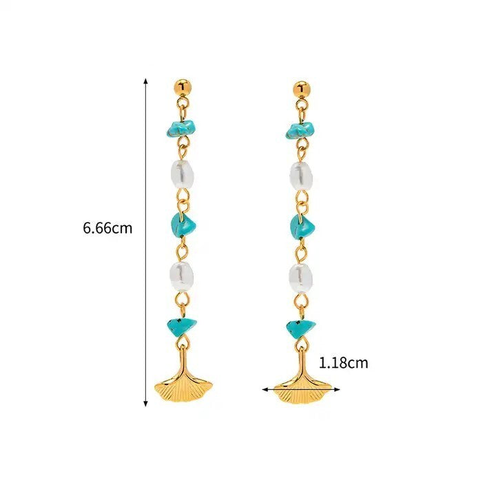 18K Gold Plated Natural Turquoise and Pearl Tassel Drop Earrings for Women4