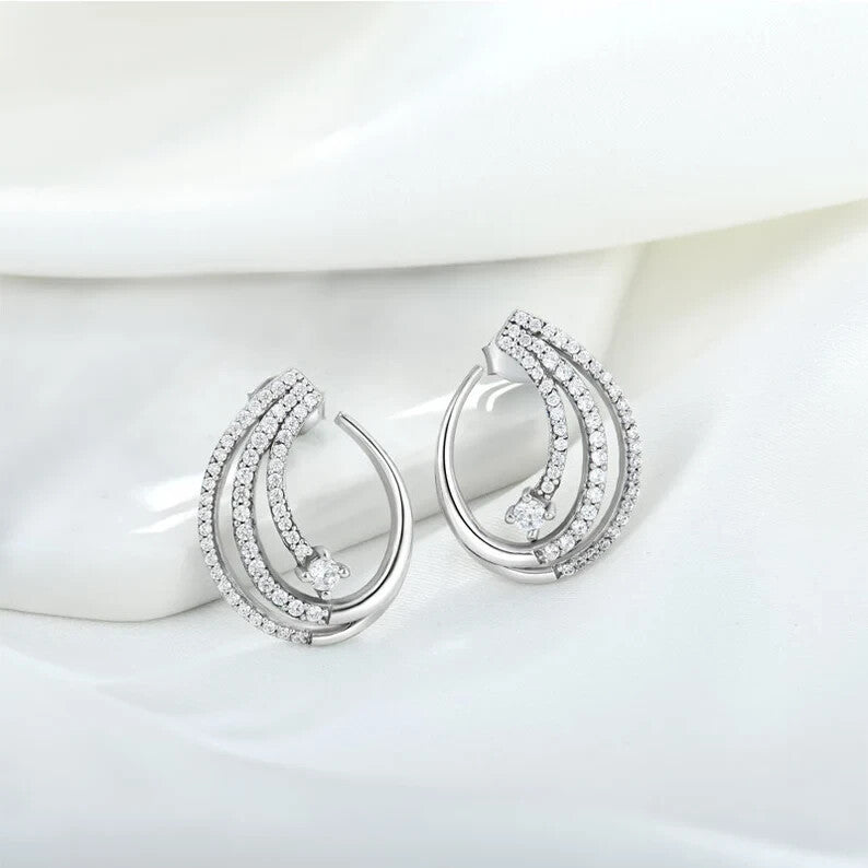 925 Sterling Silver CZ Hoop Stud Earrings Sparkly Cubic Zirconia Elegant 1