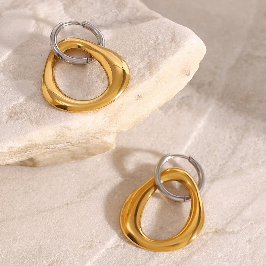 18k Gold Plated Stainless Steel Two-Tone Polished Detachable Drop Hoop Earring2