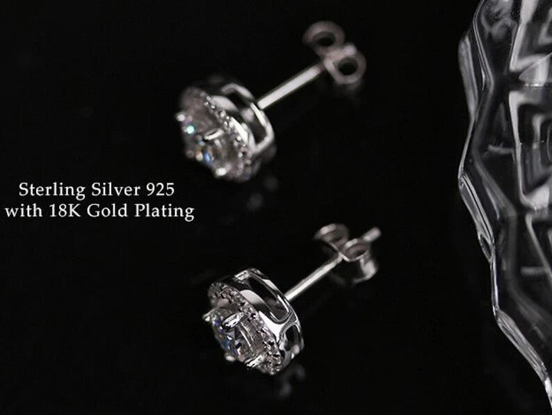 18k Gold Plated Sterling Silver Moissanite Halo Stud Earrings2