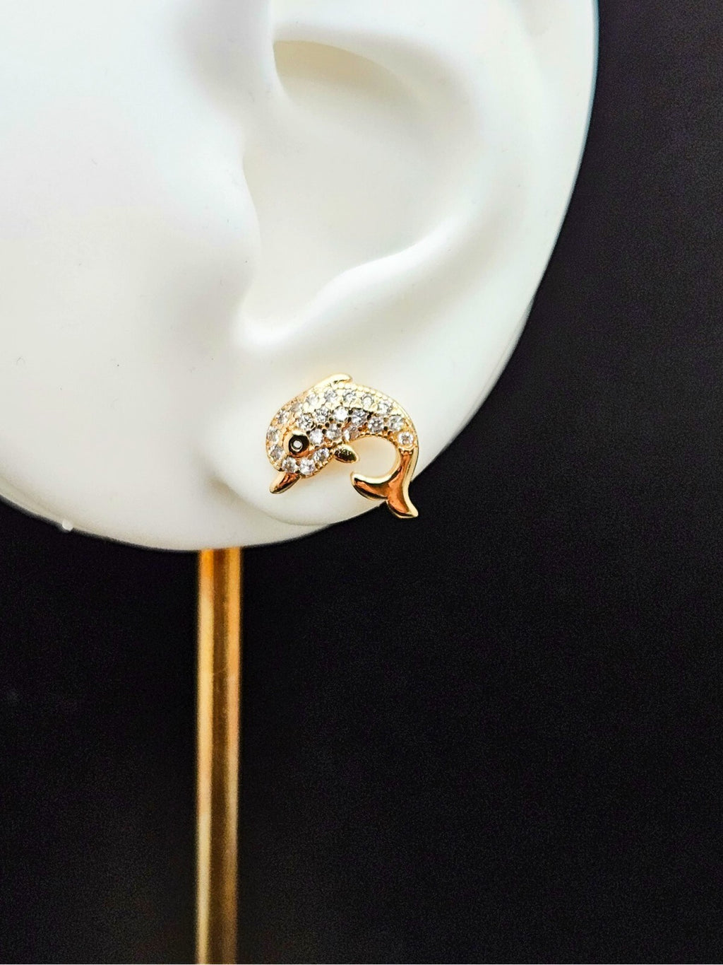 18K Gold with White Clear Cubic Zirconia Dolphin Stud Earrings1