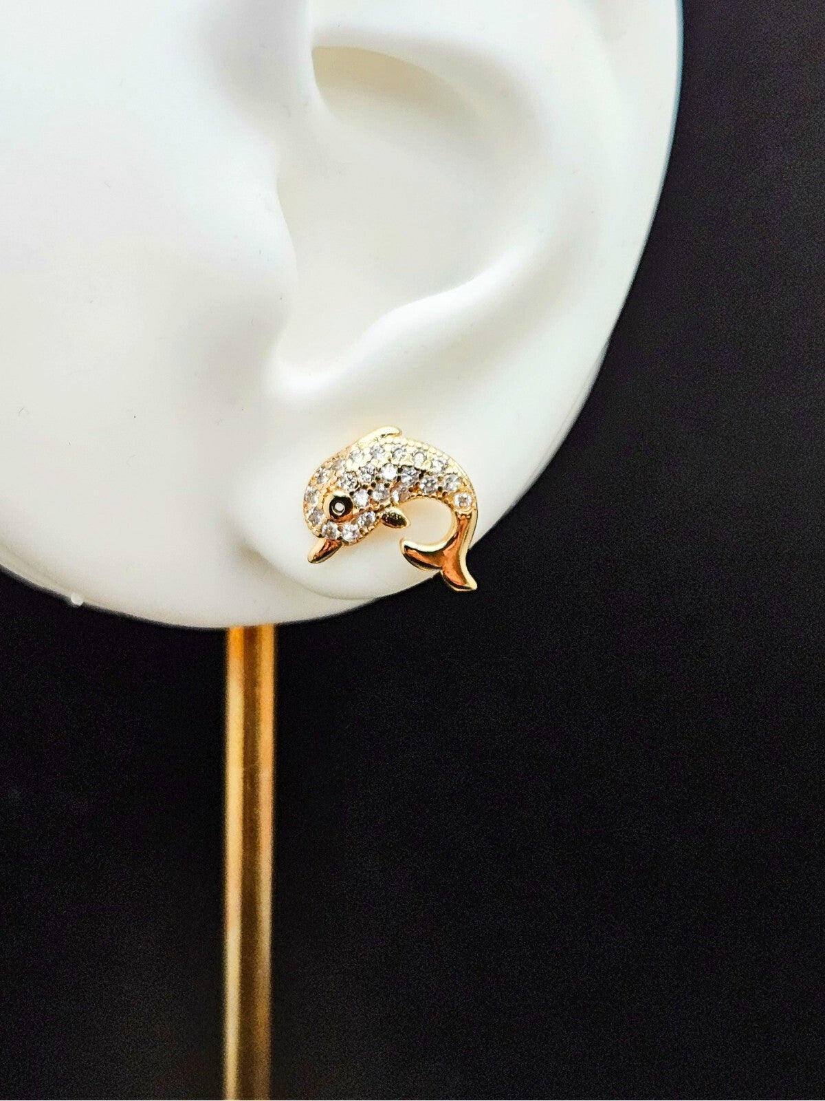 18K Gold with White Clear Cubic Zirconia Dolphin Stud Earrings1