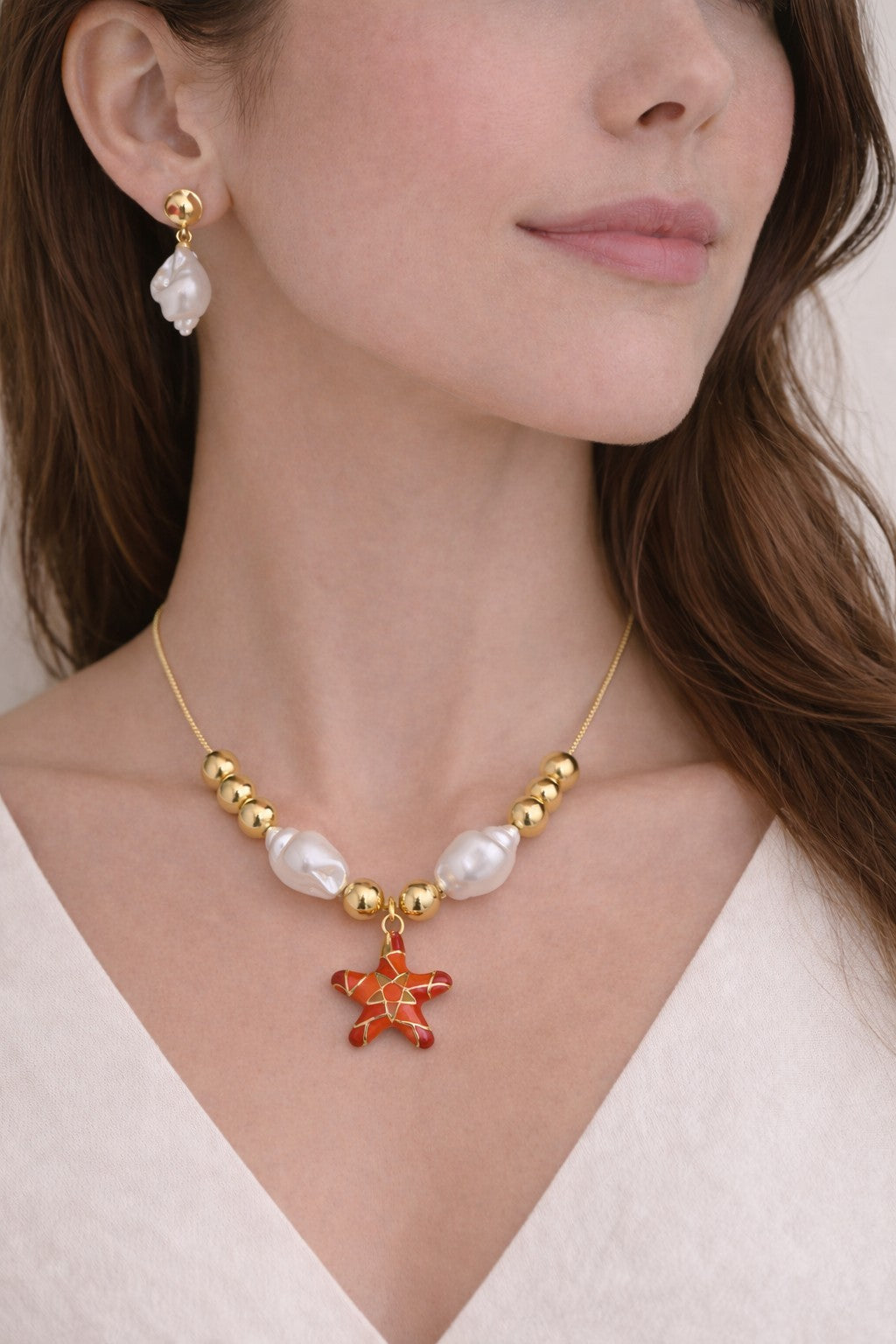 18K Gold Plated Coral Starfish Pearl Necklace &Earrings Set Adjustable 18”1